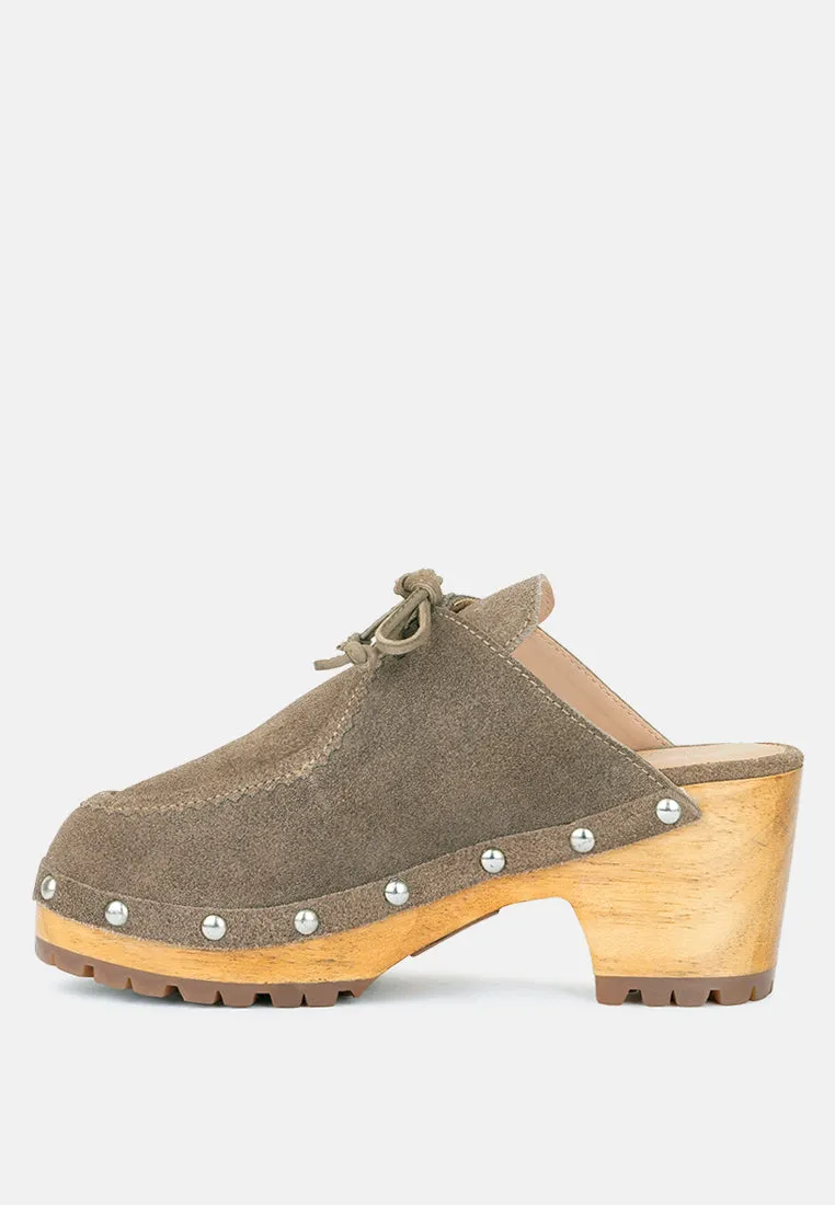 Iroko Suede Tie Detail Stud Clogs By Ruw