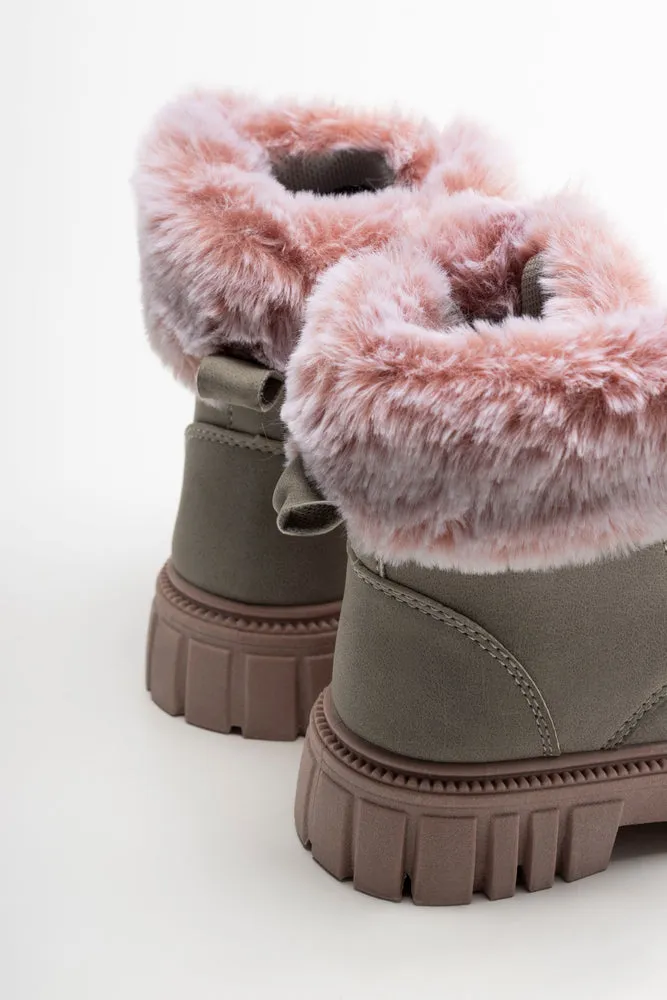 Lace Up Fur Boots Grey