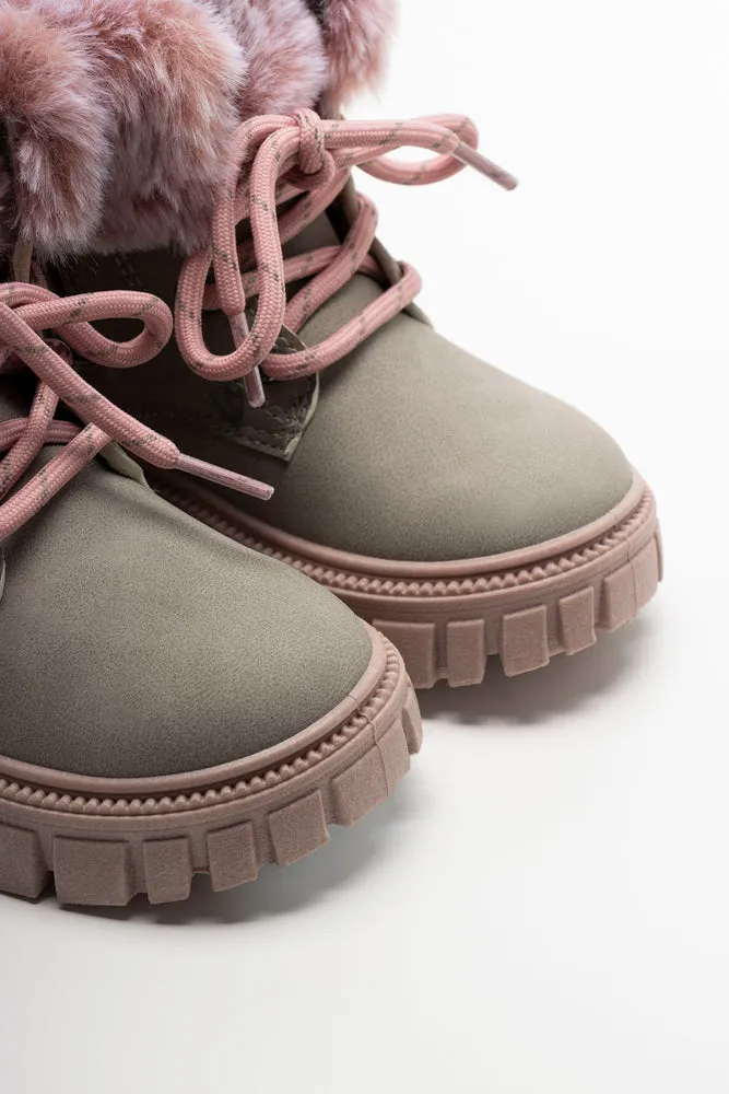 Lace Up Fur Boots Grey