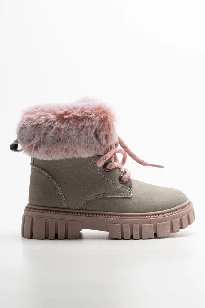 Lace Up Fur Boots Grey