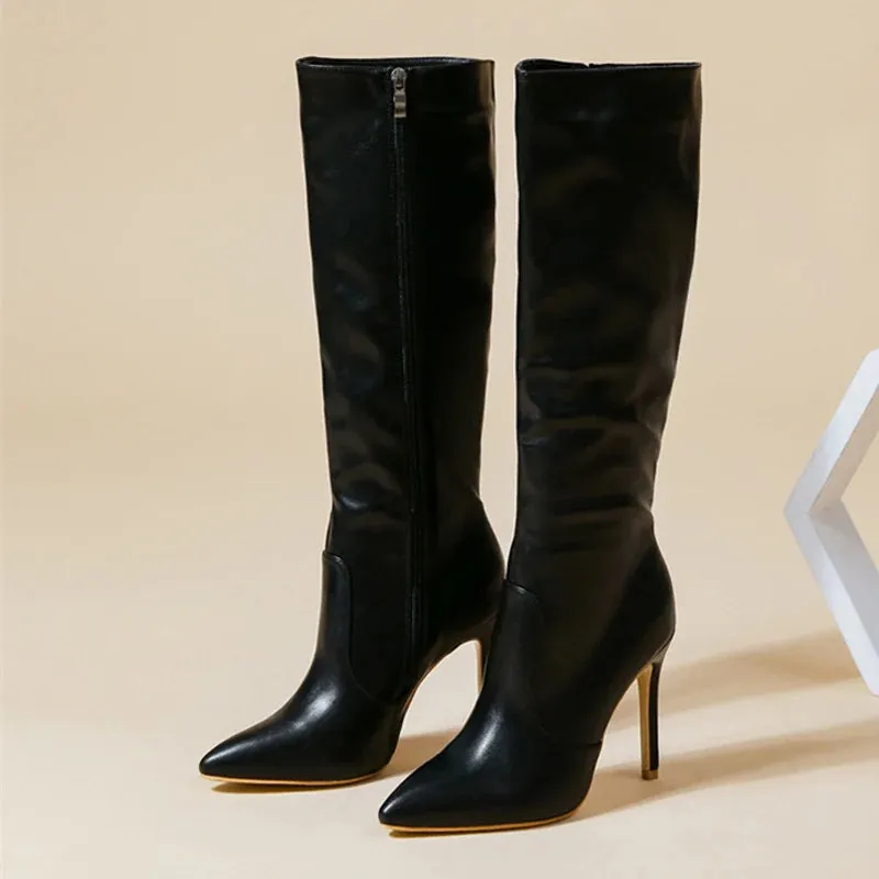 NEW Spring Red Leather Long Boots Women Fashion Design Pointed Toe Zip Thin High Heels