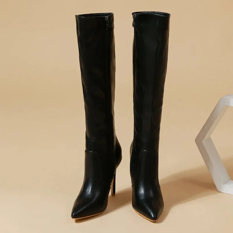 NEW Spring Red Leather Long Boots Women Fashion Design Pointed Toe Zip Thin High Heels