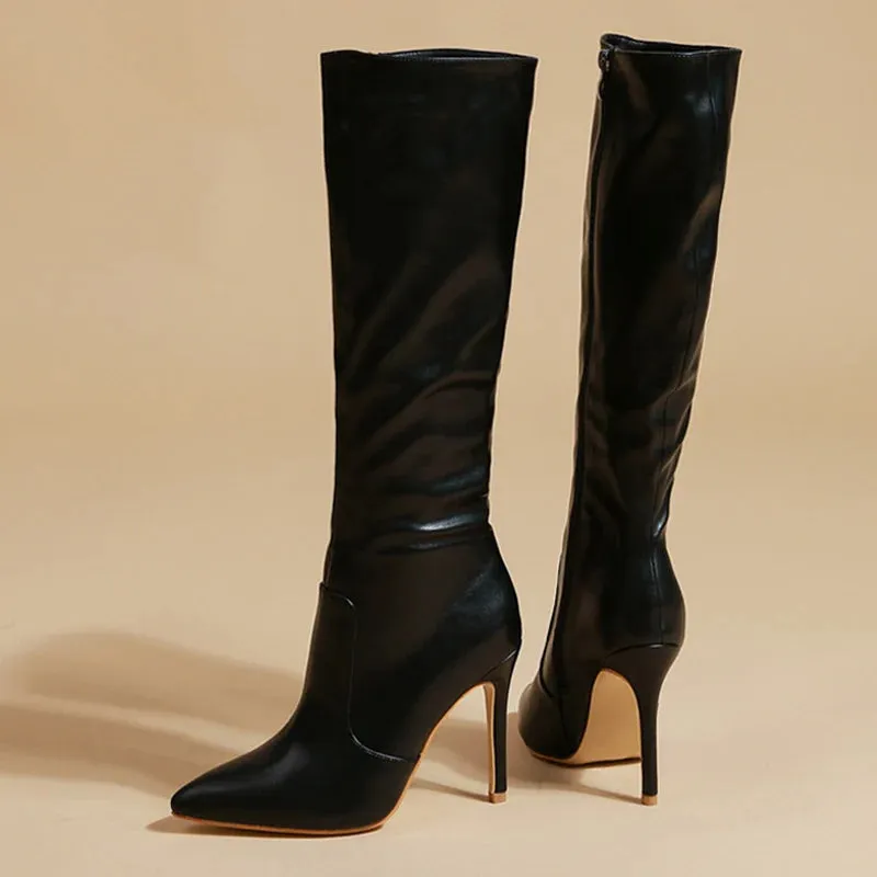 NEW Spring Red Leather Long Boots Women Fashion Design Pointed Toe Zip Thin High Heels