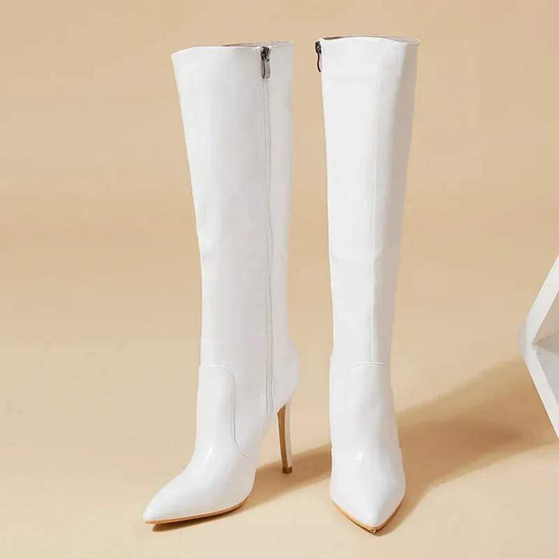 NEW Spring Red Leather Long Boots Women Fashion Design Pointed Toe Zip Thin High Heels