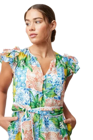 Once Was Summer Elegance Limonata Print Cotton Silk Dress with Removable Waist Tie
