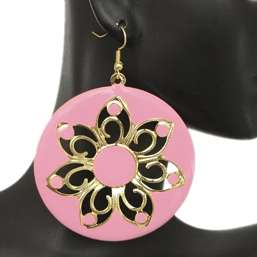Pink Glossy Floral Dangle Earrings