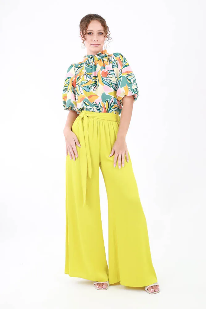 Silk Tie Waist Pants -Chartreuse
