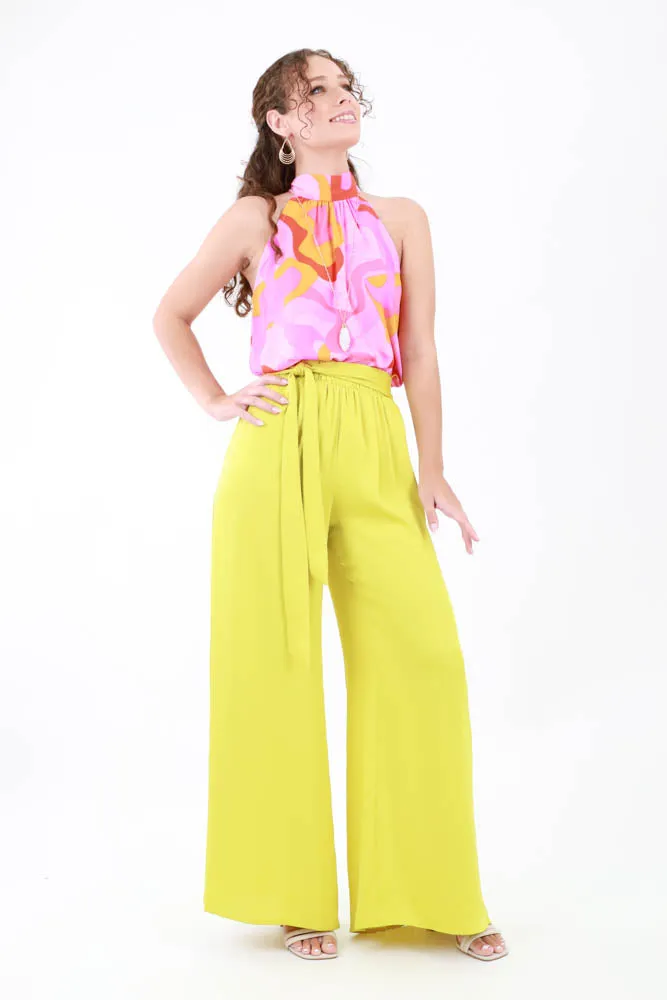 Silk Tie Waist Pants -Chartreuse