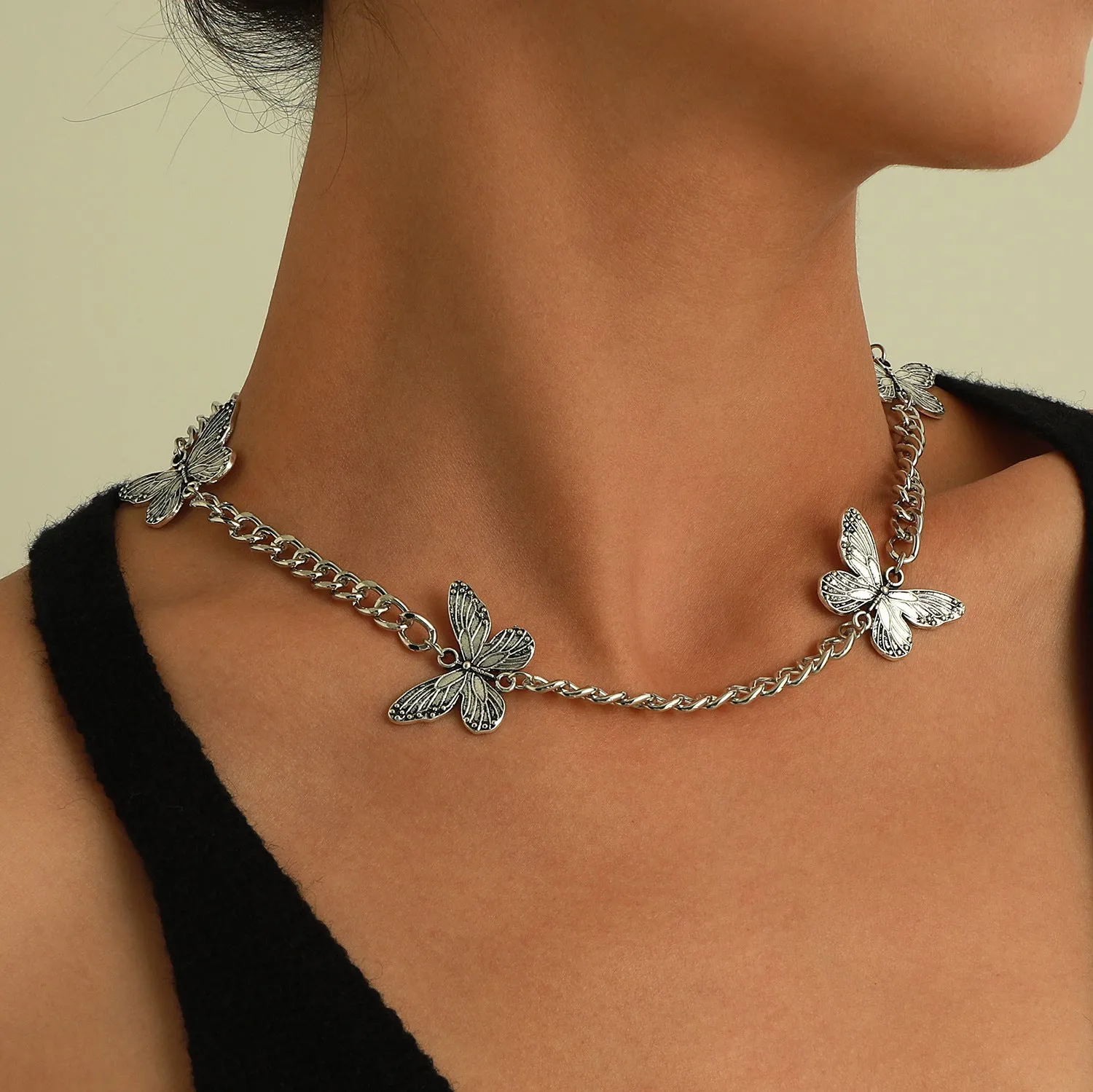 Silver-Plated Butterfly Cuban Chain Necklace