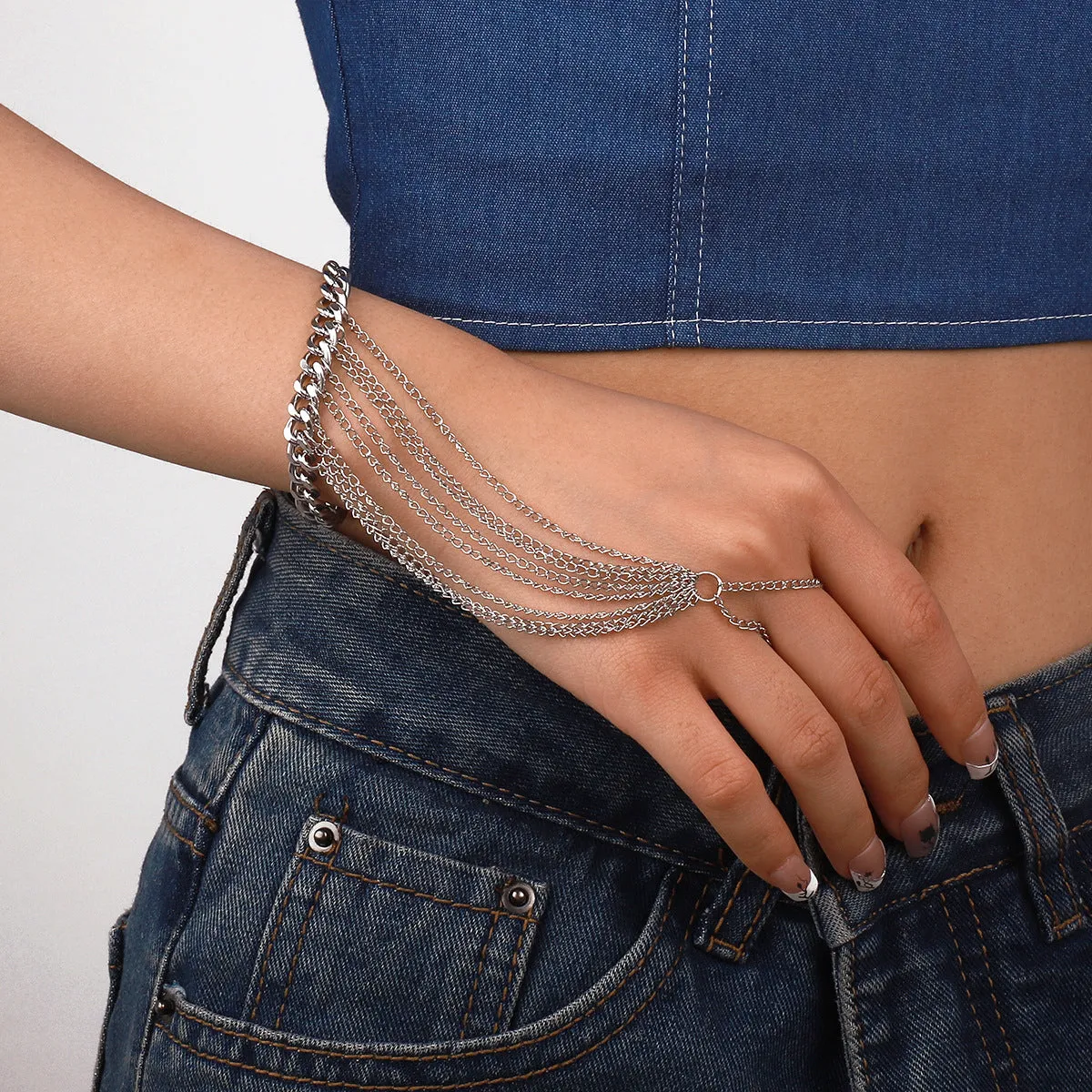 Silver-Plated Figaro Wrist-To-Ring Bracelet
