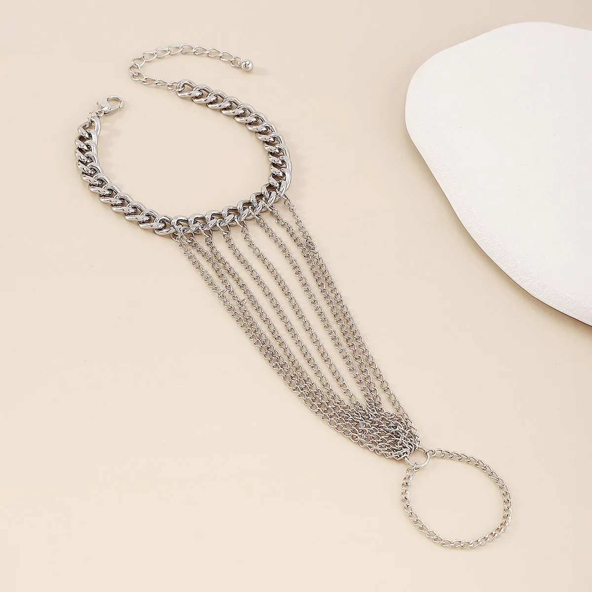 Silver-Plated Figaro Wrist-To-Ring Bracelet