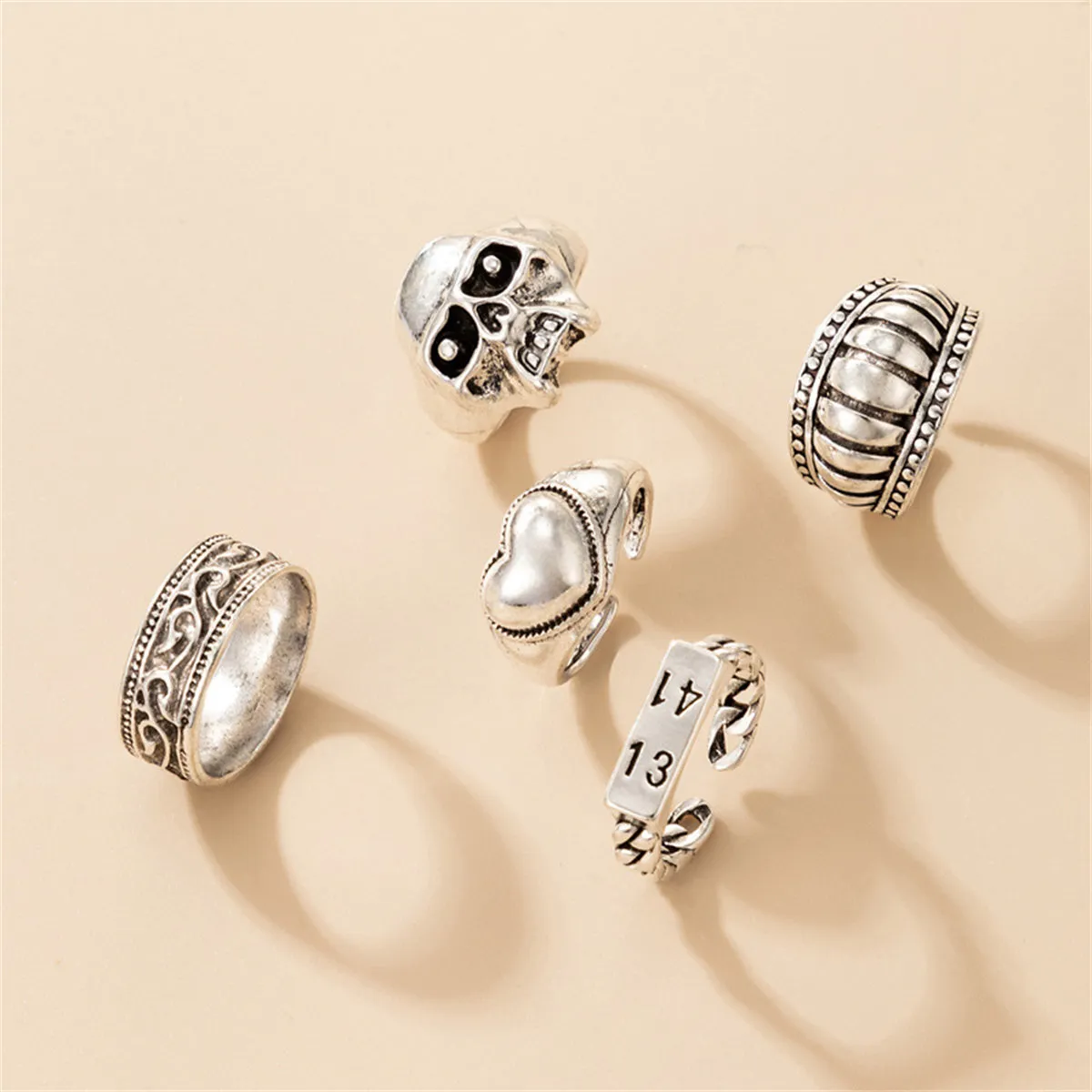 Silver-Plated Oxidized Skull Heart Ring Set
