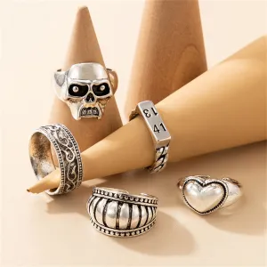 Silver-Plated Oxidized Skull Heart Ring Set