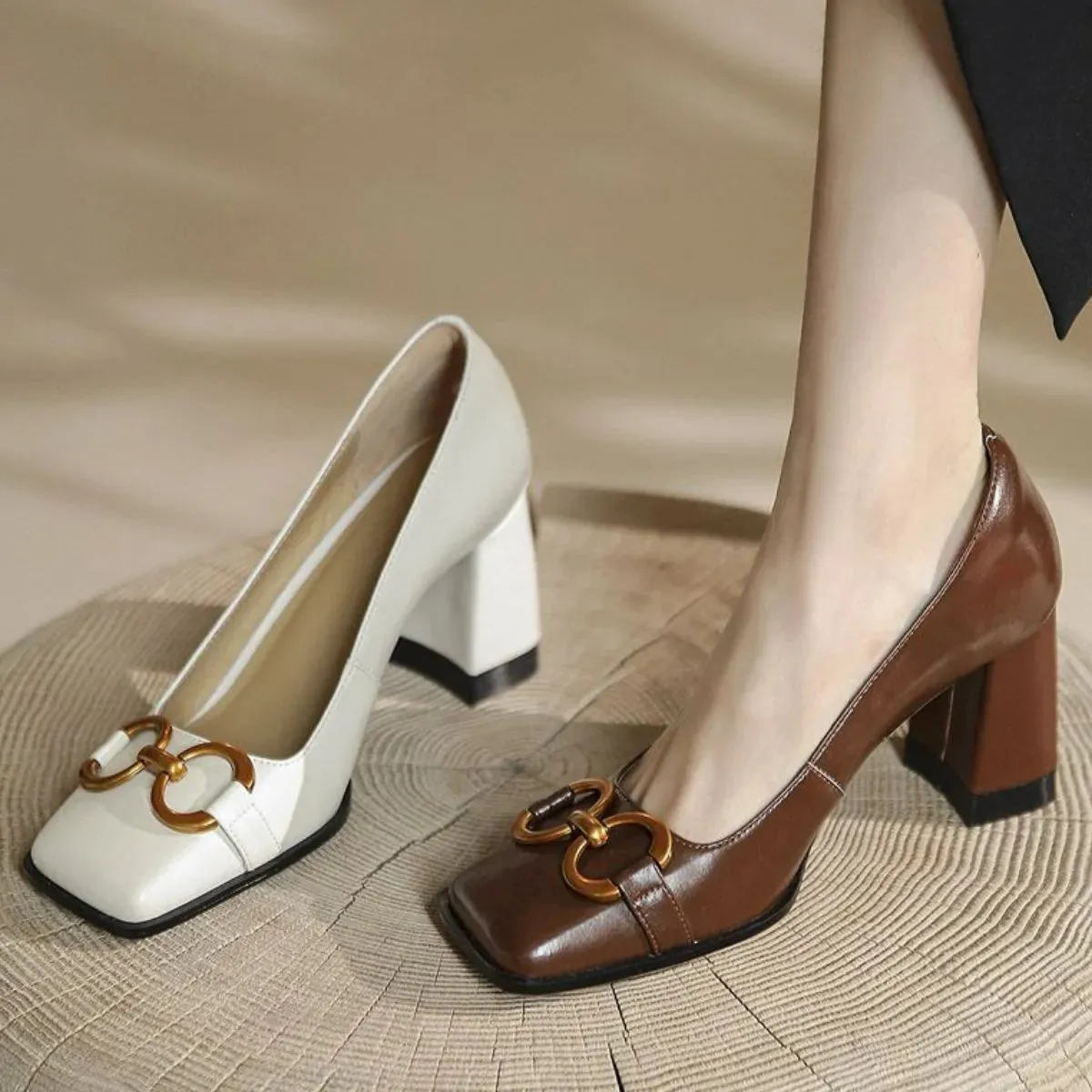 Square Toe Block Heels Pumps
