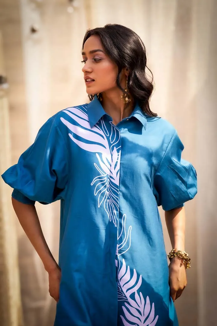 Statement Leaf-Print Co-ord Set with Collared Kurta & Flared PantsRVWK120YBL-WP40-2YBL