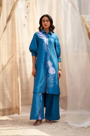 Statement Leaf-Print Co-ord Set with Collared Kurta & Flared PantsRVWK120YBL-WP40-2YBL