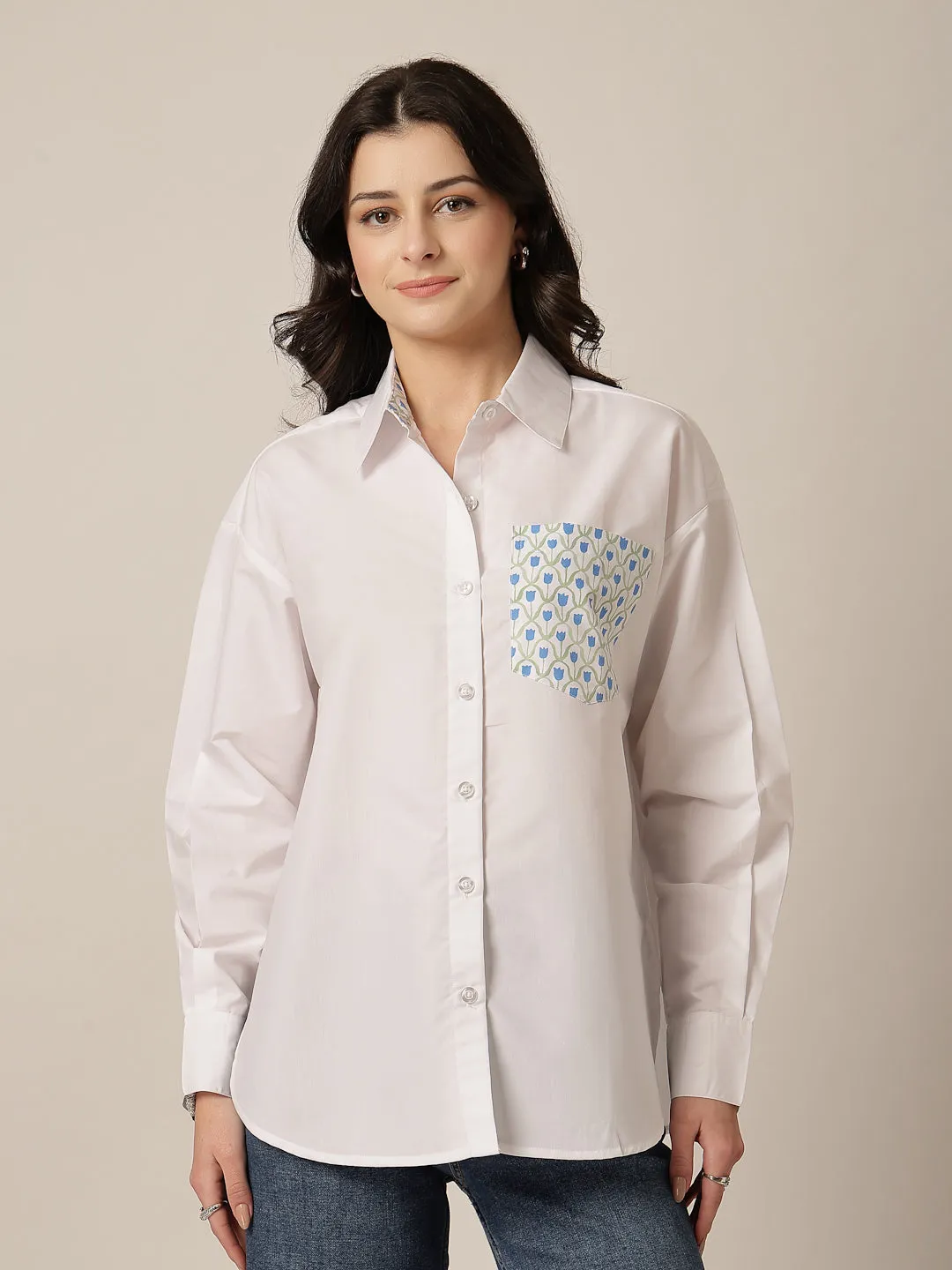 Style Quotient Women Solid Oversize Shirt with Printed pocket