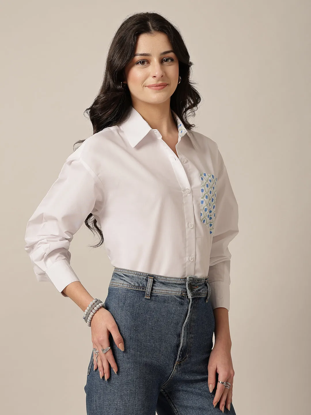 Style Quotient Women Solid Oversize Shirt with Printed pocket