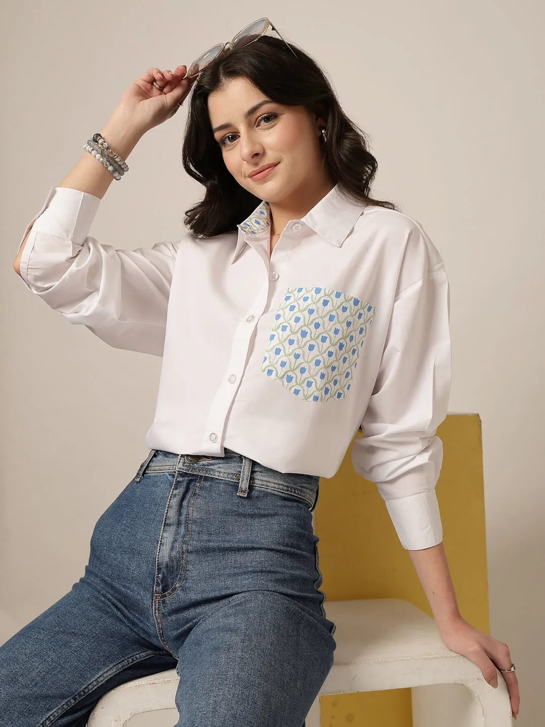 Style Quotient Women Solid Oversize Shirt with Printed pocket