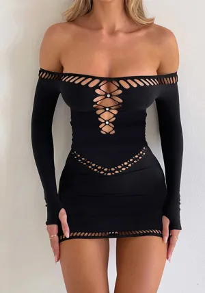 Sultry Hollow Off-Shoulder Long-Sleeve Bodycon Dress for Bold Autumn Elegance