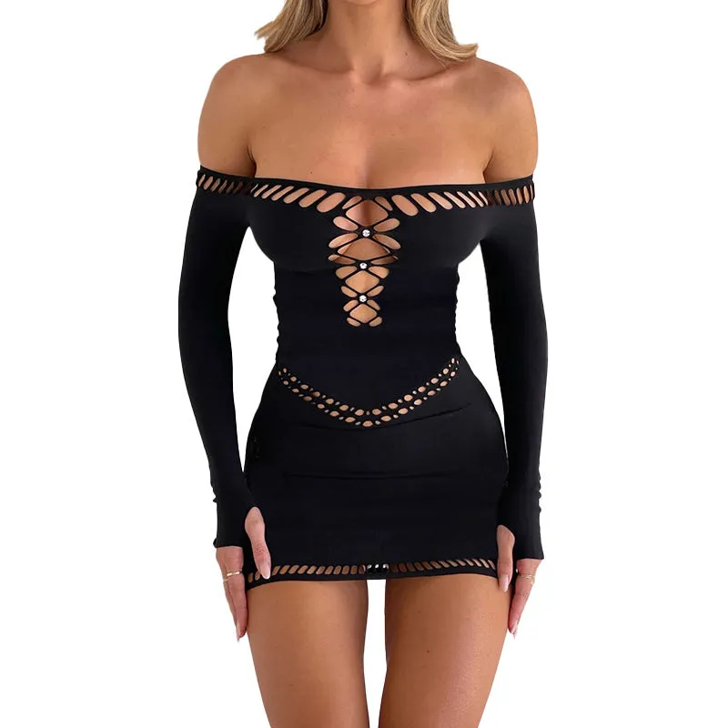 Sultry Hollow Off-Shoulder Long-Sleeve Bodycon Dress for Bold Autumn Elegance
