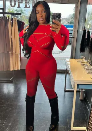 Sultry Sheer Lace Hollow-Out Long-Sleeve Bodycon Jumpsuit
