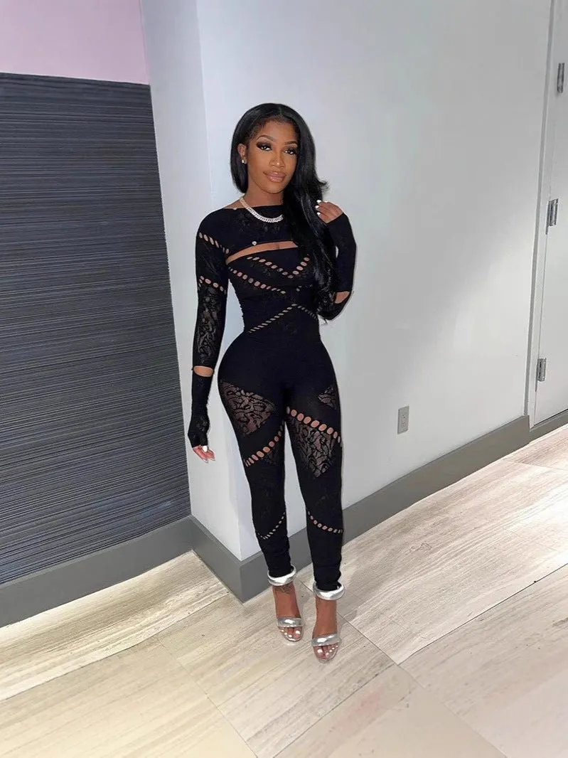 Sultry Sheer Lace Hollow-Out Long-Sleeve Bodycon Jumpsuit