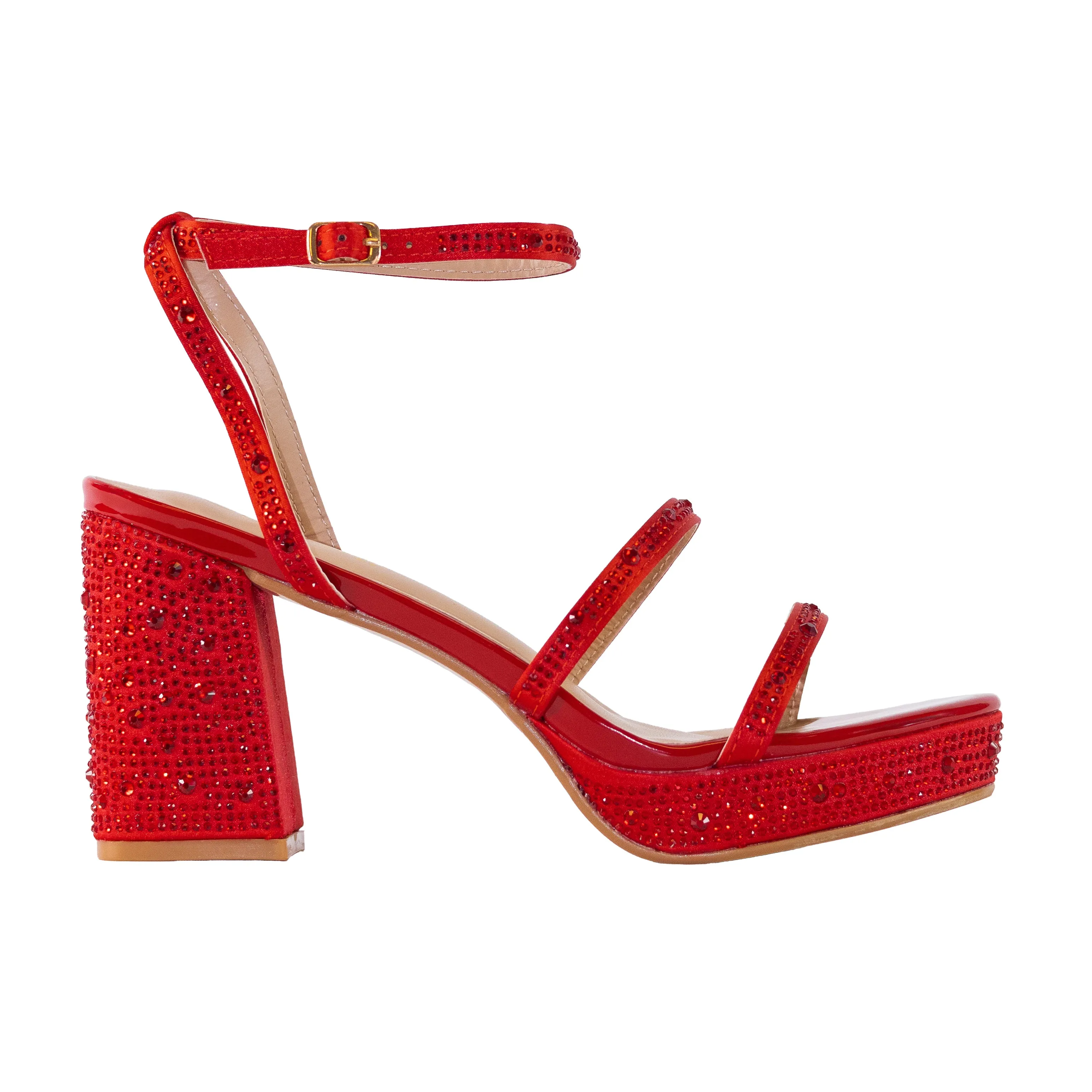 Swank - Wide Fit Elegant Open Toe Sandals, Platform Chunky Heels, Rhinestone Detailing All Over, Bold & Comfortable Statement Heels