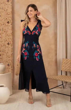 The Monique Tie-Sleeve Embroidered Midi Dress (Navy)