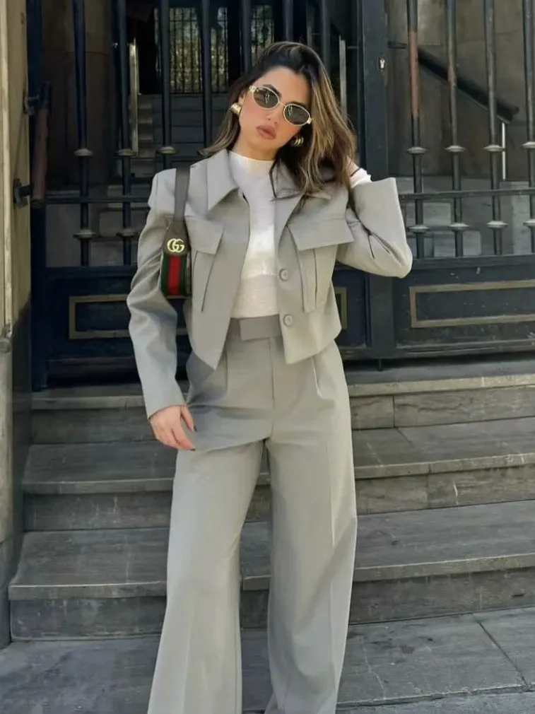 Utility Set | Polyester Twill | Cropped Jacket & Wide-Leg Pants