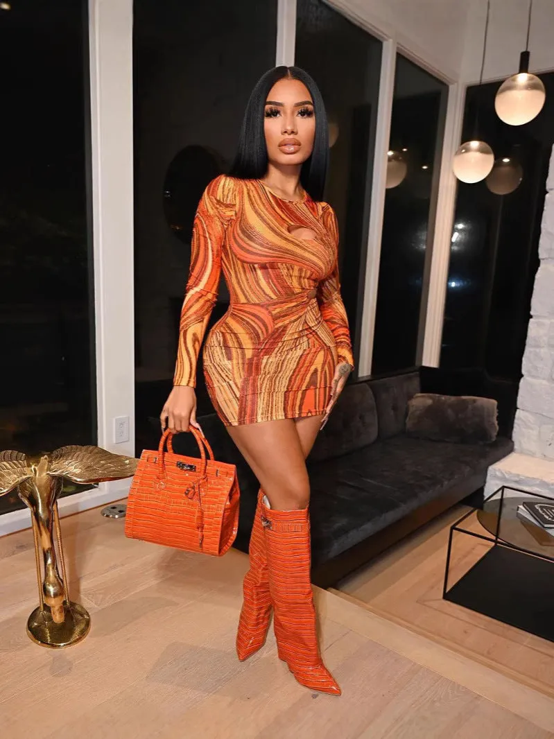 Vivid Swirl Printed Hollow-Out Long Sleeve Bodycon Dress