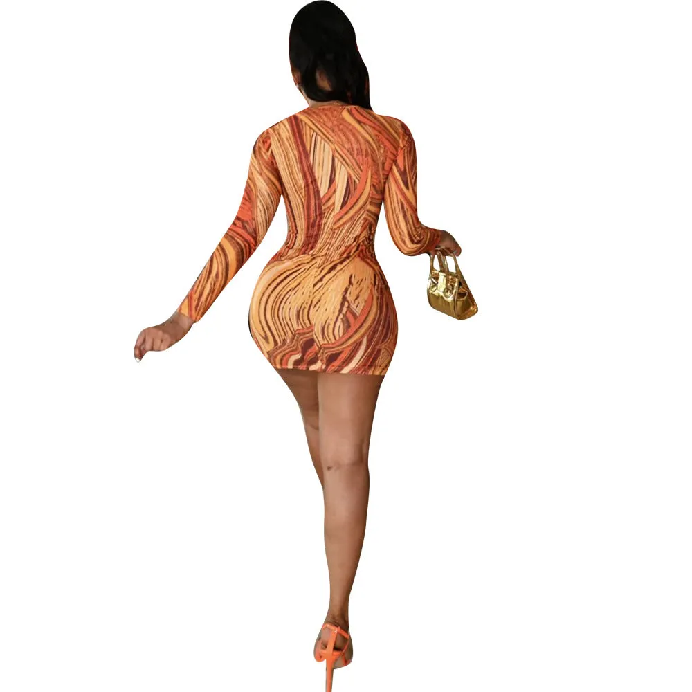Vivid Swirl Printed Hollow-Out Long Sleeve Bodycon Dress