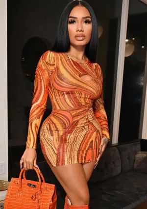 Vivid Swirl Printed Hollow-Out Long Sleeve Bodycon Dress