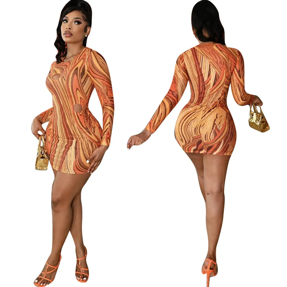 Vivid Swirl Printed Hollow-Out Long Sleeve Bodycon Dress