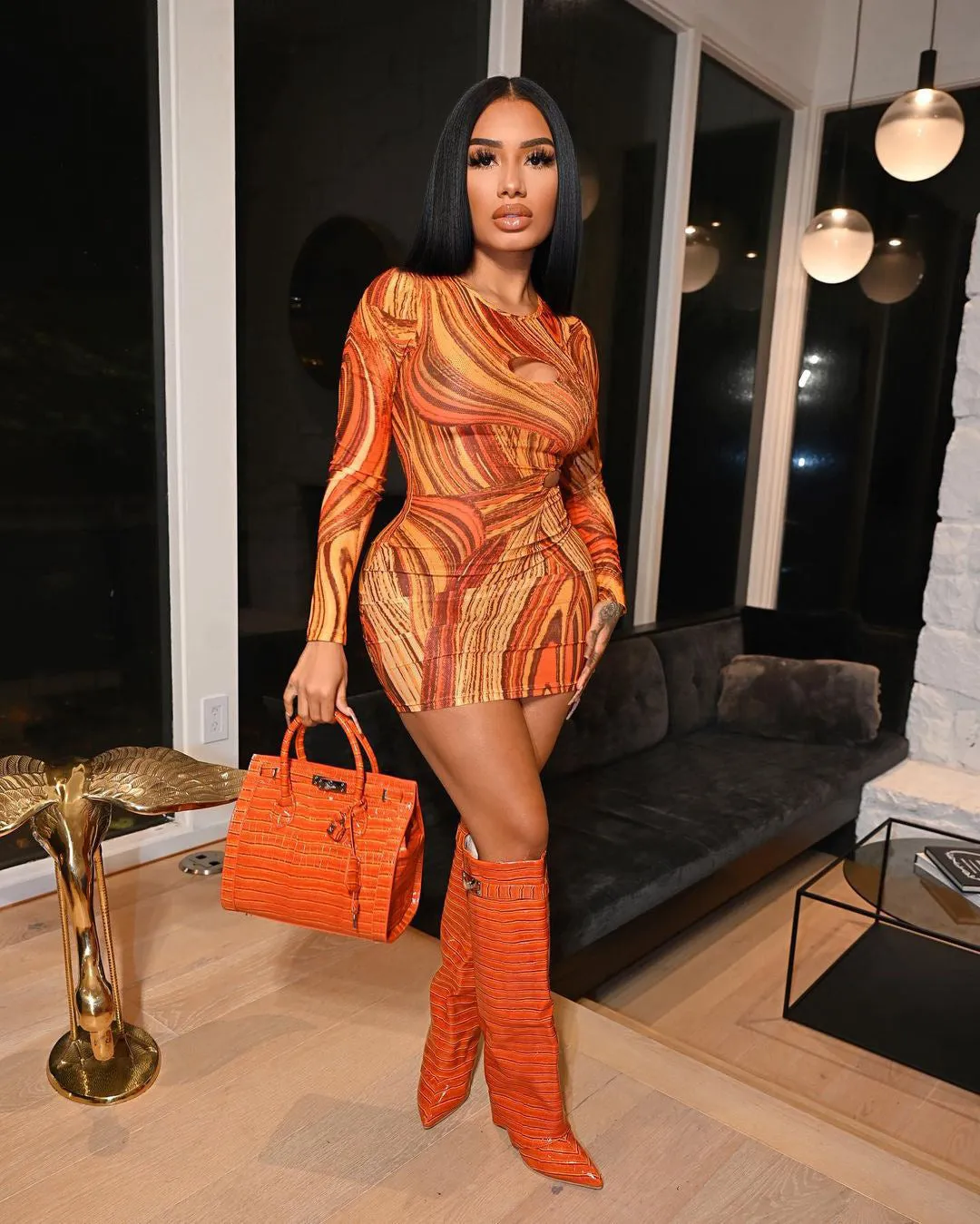 Vivid Swirl Printed Hollow-Out Long Sleeve Bodycon Dress