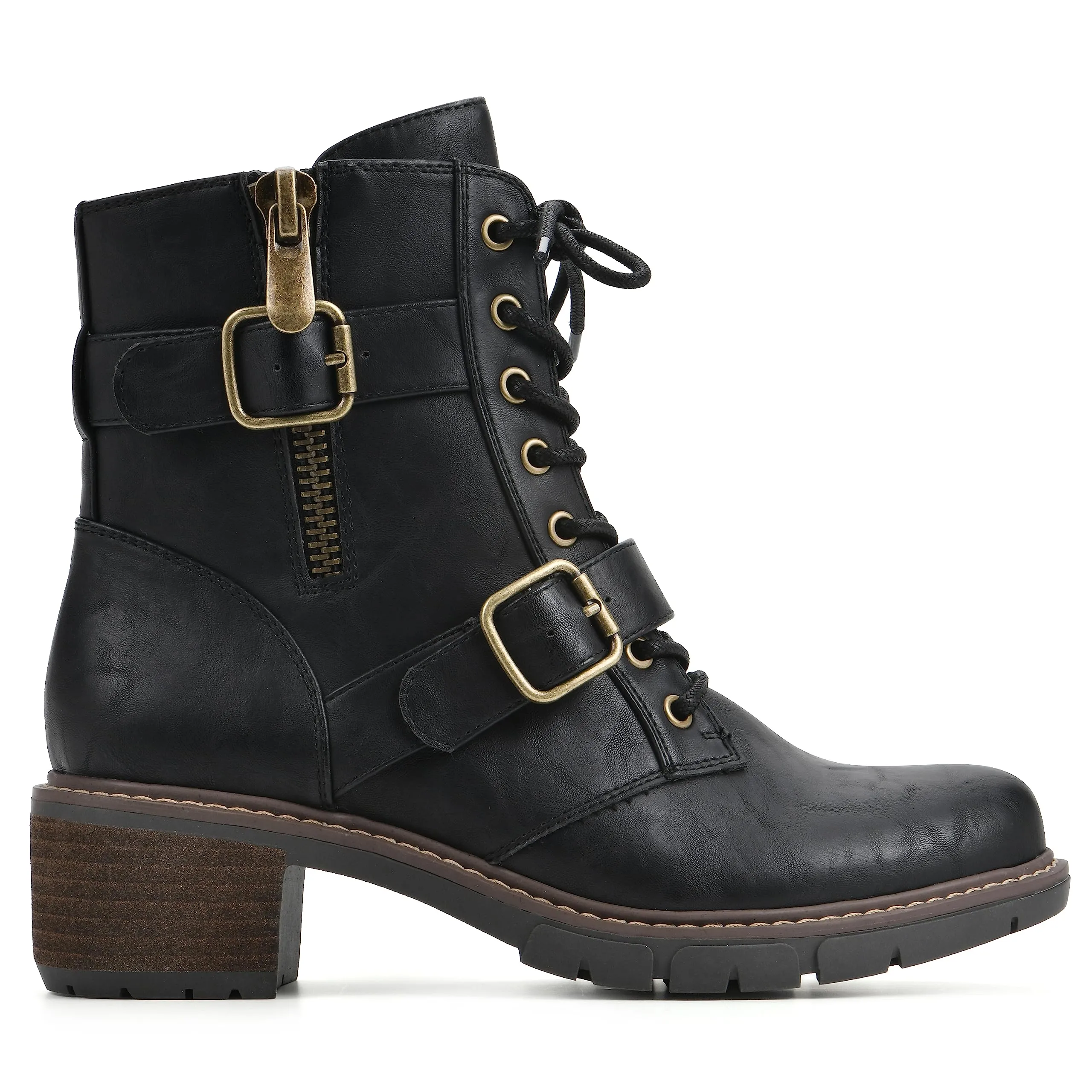 WHITE MOUNTAIN Women's Shoes Crank Block Heel Moto Boot, Black/Smooth, 7 M