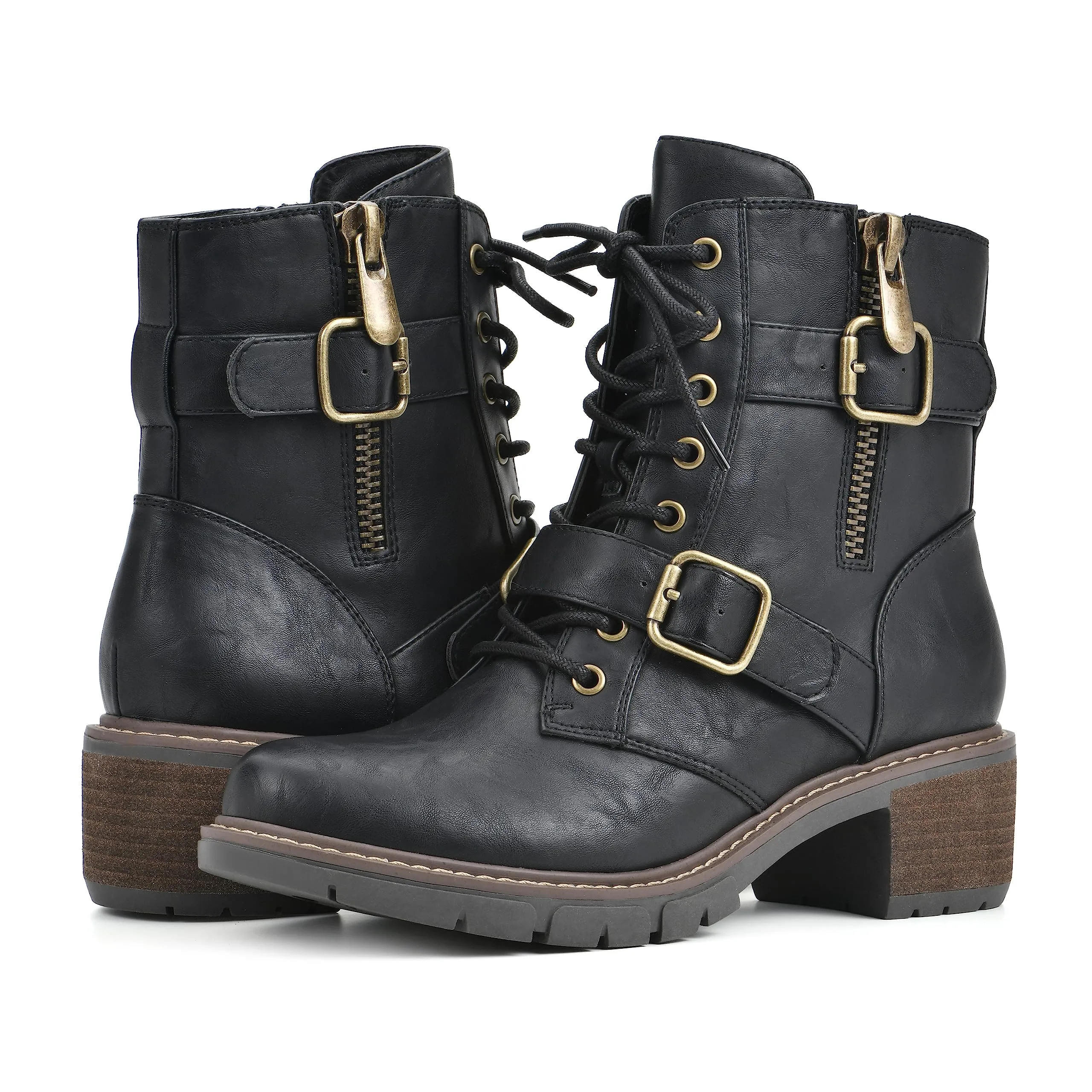 WHITE MOUNTAIN Women's Shoes Crank Block Heel Moto Boot, Black/Smooth, 7 M
