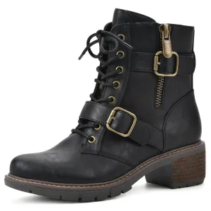 WHITE MOUNTAIN Women's Shoes Crank Block Heel Moto Boot, Black/Smooth, 7 M